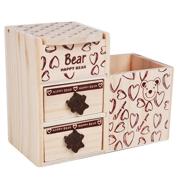Wooden Cute Bear Pattern Pen Container